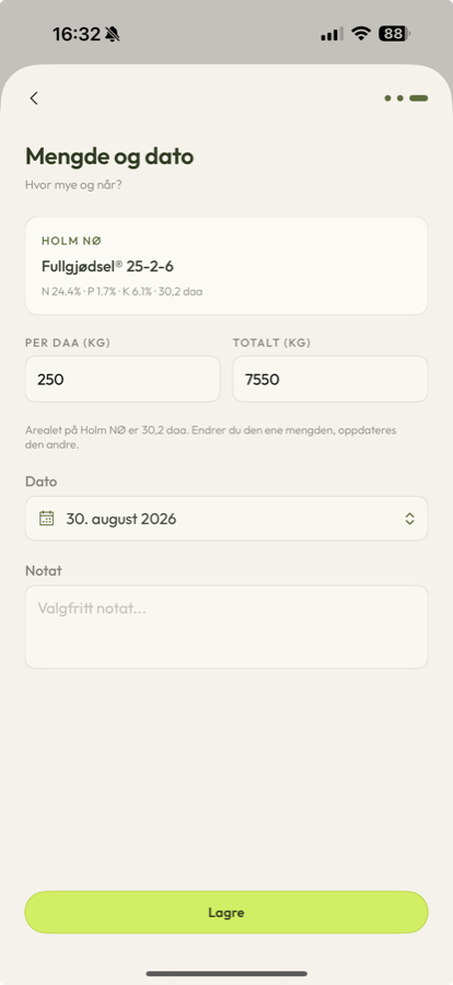 Amount and date step: per daa and total kilos, date and optional note