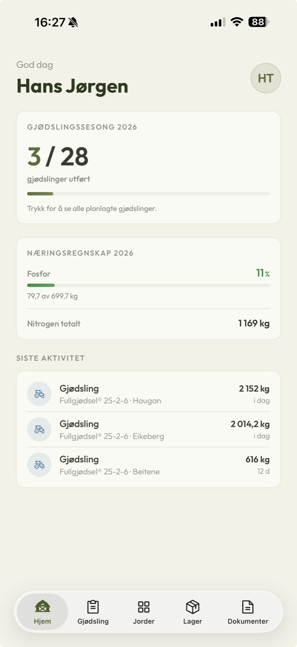Gards home screen: season progress, nutrient accounts and latest activity