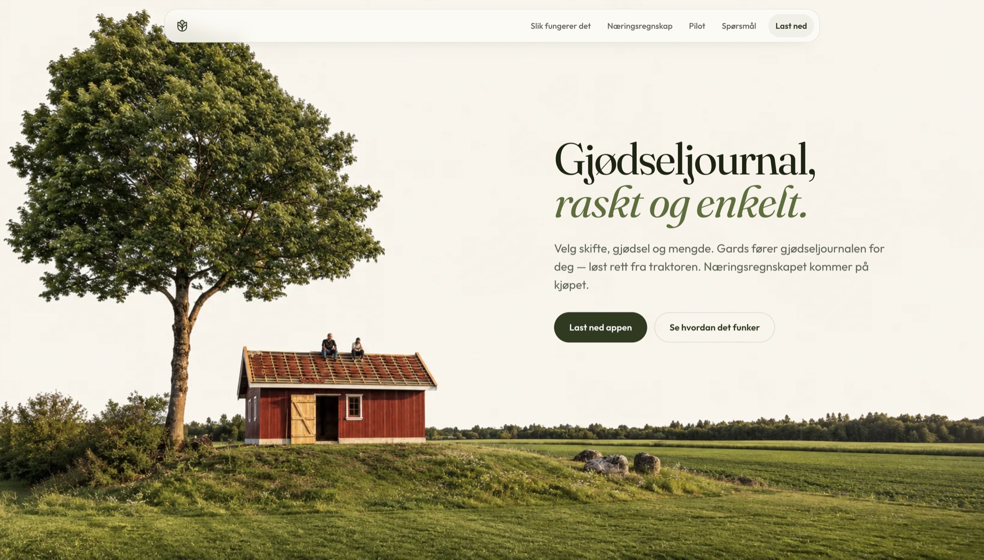 Gards marketing site: a red barn under a large tree, with the headline Gjødseljournal, raskt og enkelt