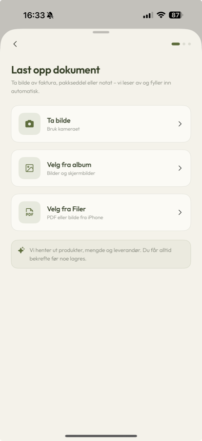 Upload document: take a photo, choose from album, or pick a PDF from Files