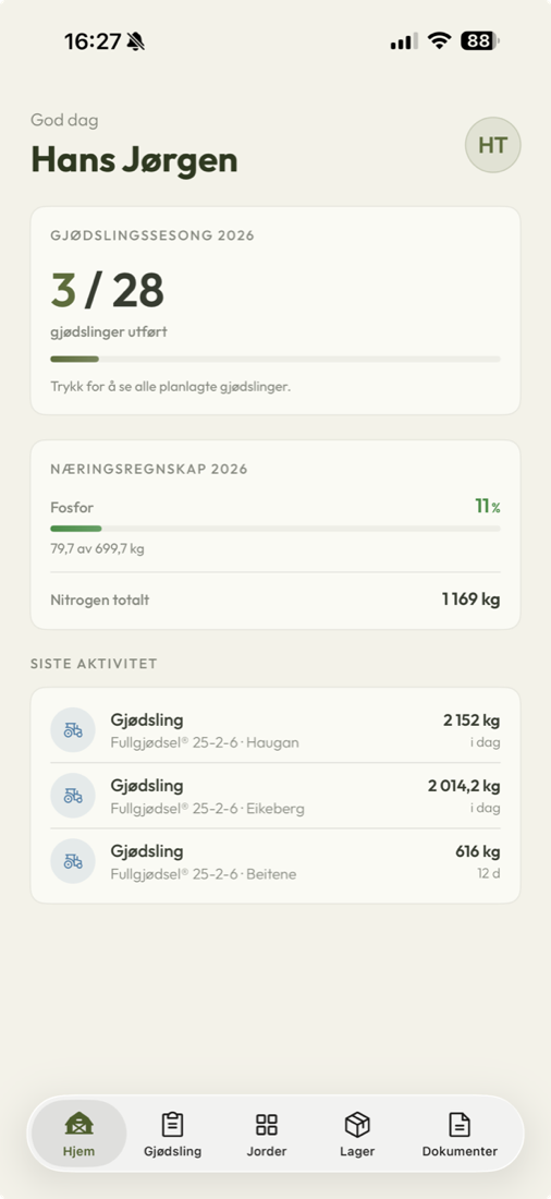 Gards home screen: season progress, nutrient accounts and latest activity