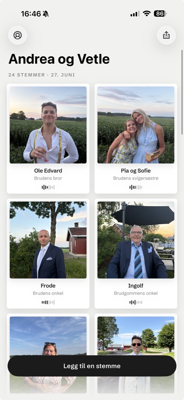 Grammo book overview: Andrea og Vetle, 24 voices, 27 June, a grid of guest portraits each with a waveform
