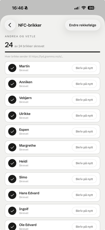 NFC chips screen: 24 of 24 chips written, one row per guest with a rewrite button