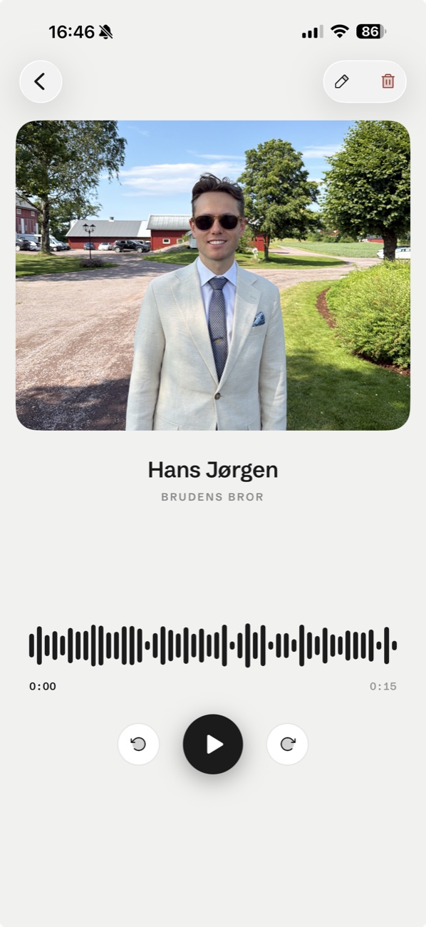 A single greeting: portrait, Hans Jørgen, brudens bror, waveform and a play button