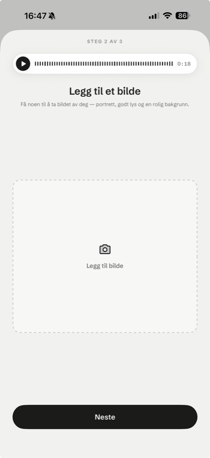 Step 2 of 3: add a photo, with the recorded greeting playable at the top