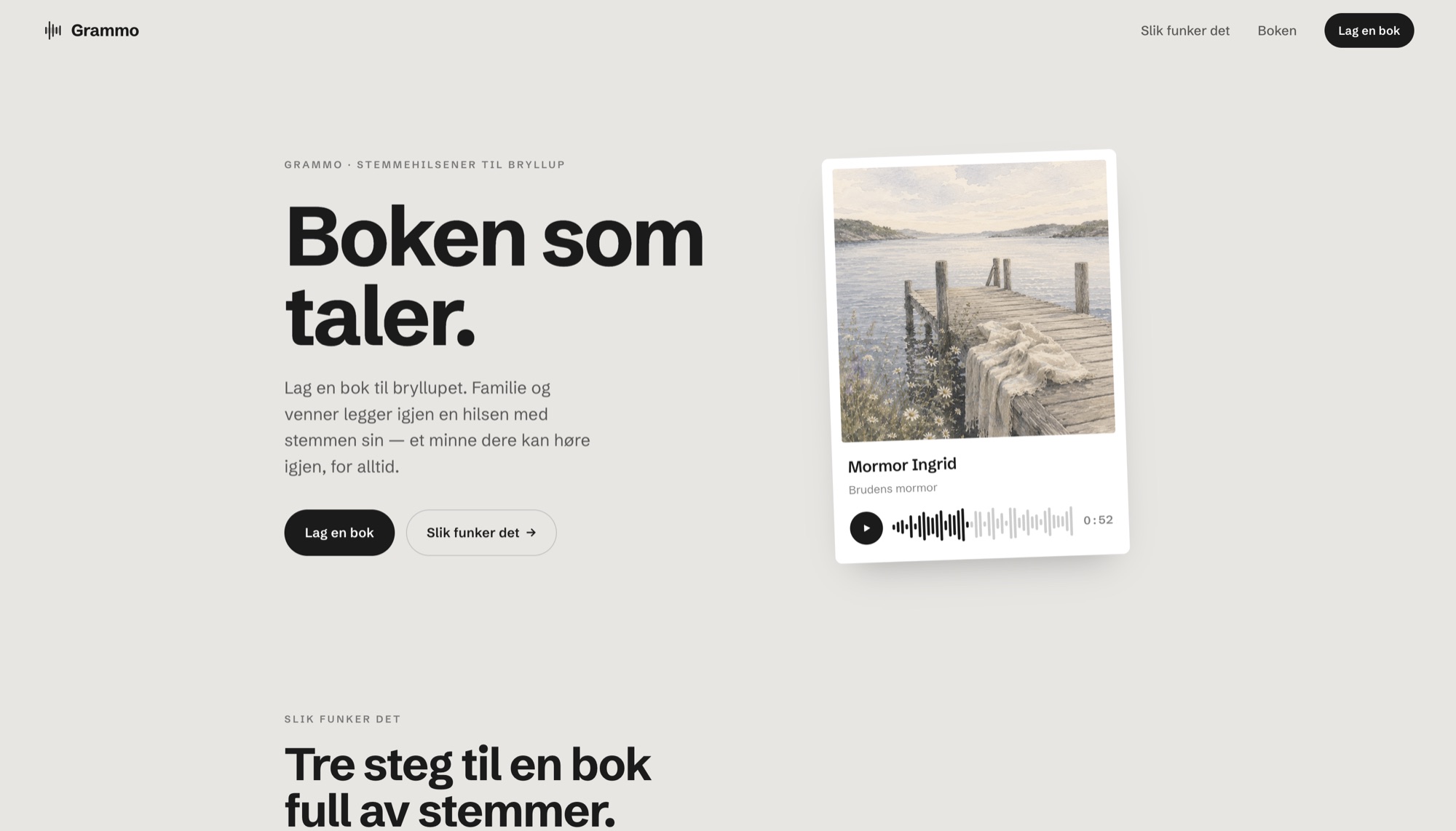 grammo.no: the headline Boken som taler beside a card showing Mormor Ingrid, brudens mormor, with a waveform and 0:52