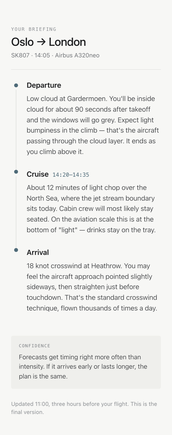 The briefing: Oslo to London, SK807, with departure, cruise and arrival described in plain language and a confidence note