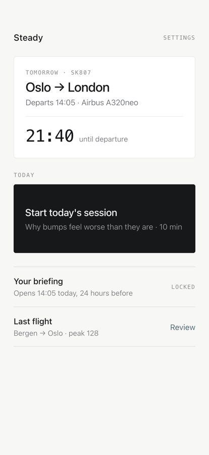 Home: tomorrow's flight with a countdown, today's session, the briefing marked locked, and last flight's peak