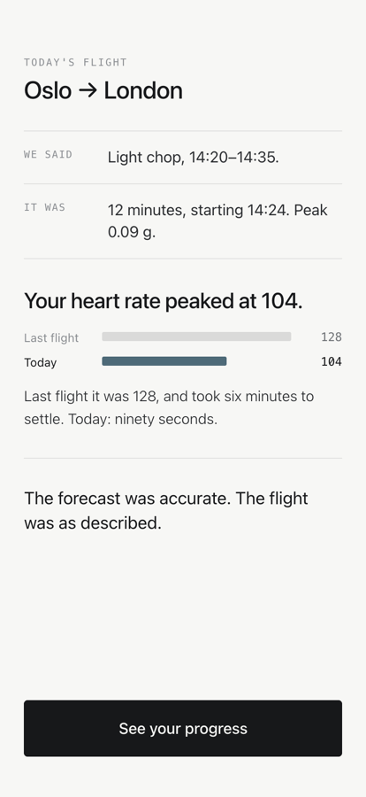 The review: we said light chop 14:20 to 14:35, it was 12 minutes starting 14:24, peak 0.09 g, heart rate peaked at 104 against 128 last flight